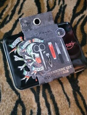 Ed Hardy Black Tin Manicure Set with Multi-Color Skull Artwork